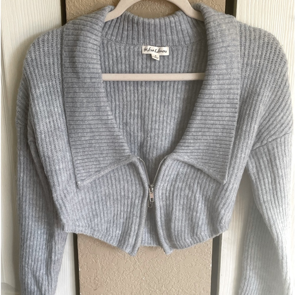 For Love & Lemons Baby Blue Double Zipper Crop Sweater | Size Small